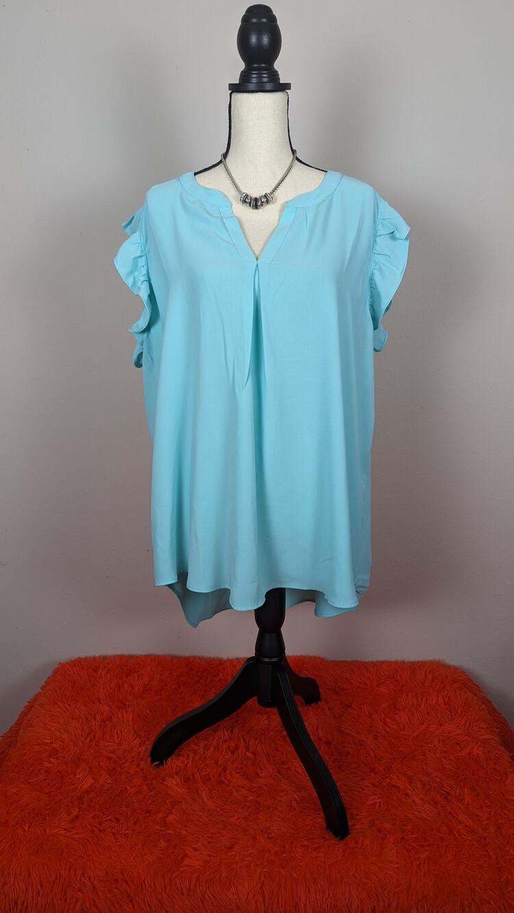 Zenana Women's Pale Turquoise Woven V Neck Ruffled Sleeve High-Low Blouse Top 2X